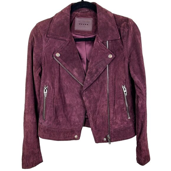 Blank NYC Suede Leather Moto Jacket Full Zip Long Slv Biker Burgundy Purple XS - Picture 1 of 14